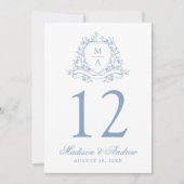 Elegante Blauwe Bloemenkam Trouwtafel Nummer Kaart (Voorkant)