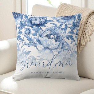 Elegante blauwe bloemenkleed namen van kleinkinder kussen