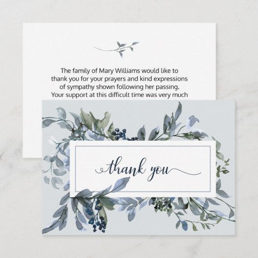 Elegante blauwe bloemenkrans begrafenis Dank u Bedankkaart (Voorkant / Achterkant)