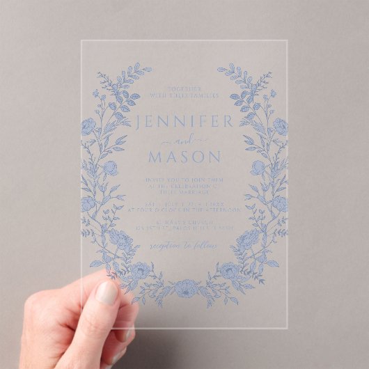 Elegante blauwe bloemenkrans Boheemse bruiloft Acryl Uitnodigingen (Insitu (Draagbaar))