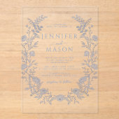 Elegante blauwe bloemenkrans Boheemse bruiloft Acryl Uitnodigingen (Voorkant)