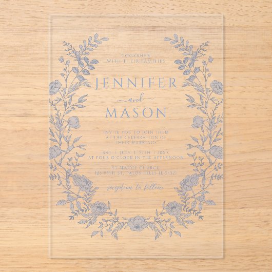 Elegante blauwe bloemenkrans Boheemse bruiloft Acryl Uitnodigingen (Voorkant)
