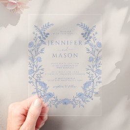 Elegante blauwe bloemenkrans Boheemse bruiloft Acryl Uitnodigingen