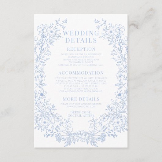 Elegante blauwe bloemenkrans boho bruiloft details informatiekaartje (Voorkant)