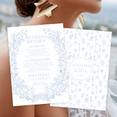 Elegante blauwe bloemenkrans boho bruiloft details informatiekaartje