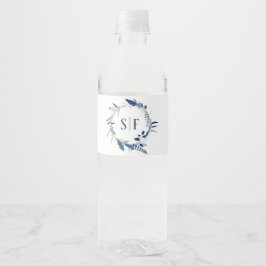 Elegante blauwe bloemenkrans bruiloft waterfles etiket