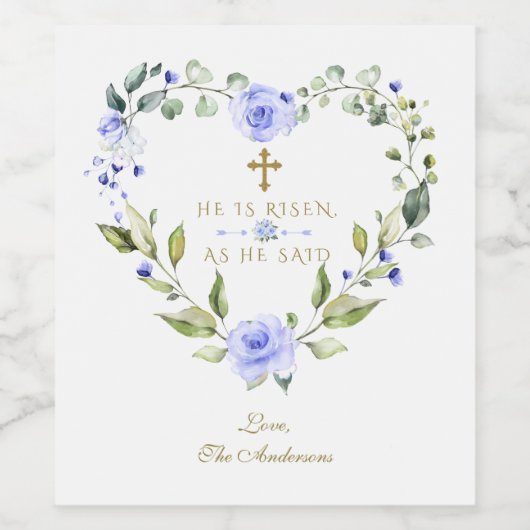 Elegante blauwe bloemenkrans Hij is verrezen met g Wijn Etiket (Enkel label)