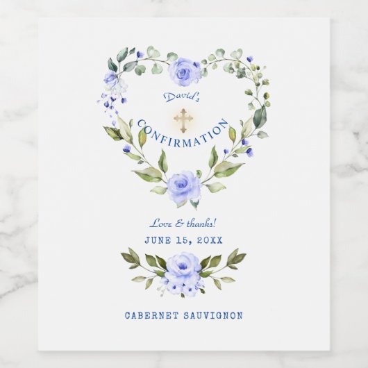 Elegante blauwe bloemenkrans Jongensbevestiging Wijn Etiket (Enkel label)