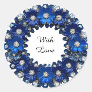 Elegante Blauwe Bloemenkranz met Diamanten Ronde Sticker