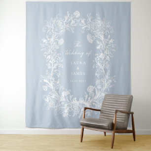 Elegante Blauwe Bloemenkroon Monogram Trouw Welkom Wandkleed