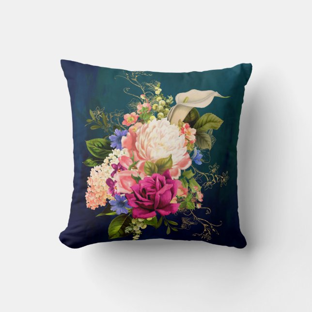 Elegante blauwe bloemenkussen kussen (Voorkant)