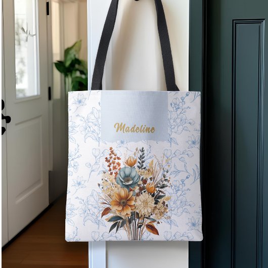Elegante blauwe bloemennaam tote bag