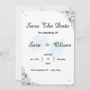 Elegante Blauwe Bloemenschildering in Waterverf Save The Date