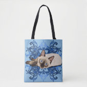 Elegante blauwe bloemense Siamese kat Mooie kat Tote Bag (Voorkant)