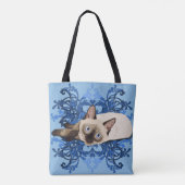 Elegante blauwe bloemense Siamese kat Mooie kat Tote Bag (Achterkant)