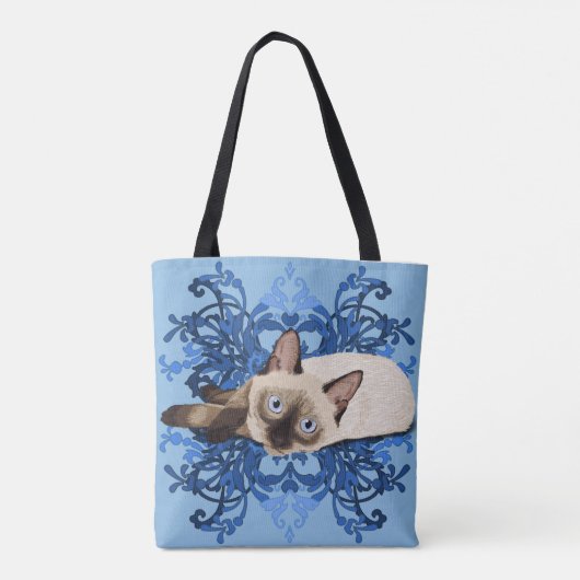 Elegante blauwe bloemense Siamese kat Mooie kat Tote Bag (Achterkant)
