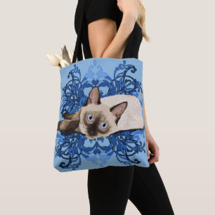 Elegante blauwe bloemense Siamese kat Mooie kat Tote Bag