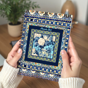 Elegante blauwe bloemensieraden Chinees-monogramte Notitieboek