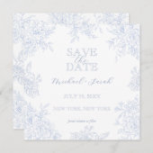 Elegante Blauwe Bloemensquare 'Save the Date' Kaart (Voorkant / Achterkant)