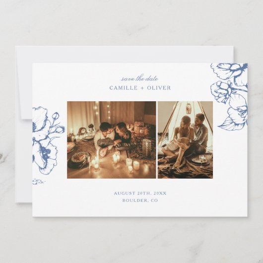 Elegante  Blauwe Bloementuin Foto Bruiloft Save The Date (Voorkant)