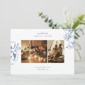 Elegante  Blauwe Bloementuin Foto Bruiloft Save The Date (Staand voorkant)