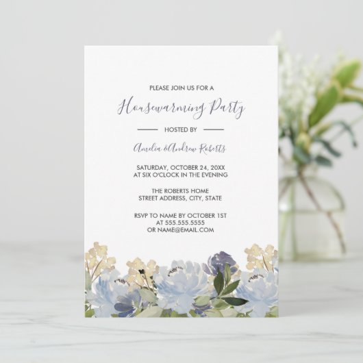 Elegante blauwe bloementuin Housewarming Uitnodigi Kaart (Staand voorkant)