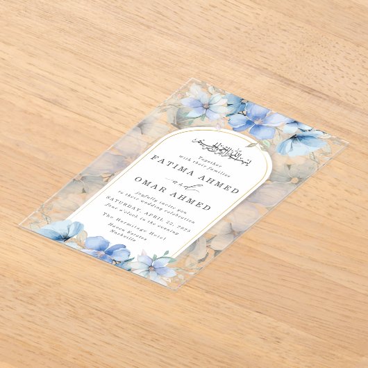 Elegante Blauwe Bloementuin Islamitische Moslim Br Acryl Uitnodigingen (Laagn)