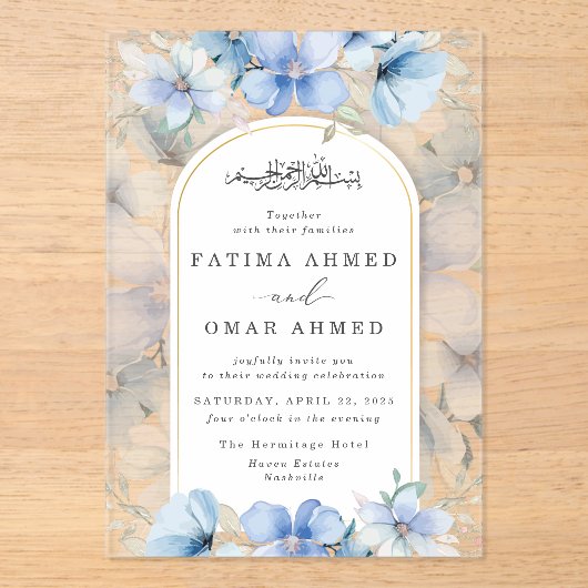 Elegante Blauwe Bloementuin Islamitische Moslim Br Acryl Uitnodigingen