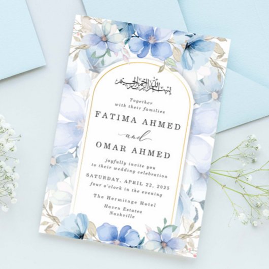 Elegante Blauwe Bloementuin Islamitische Moslim Br Kaart