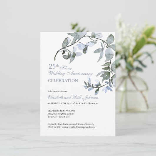 Elegante Blauwe Bloemige 25e Huwelijksverjaardag Kaart (Staand voorkant)