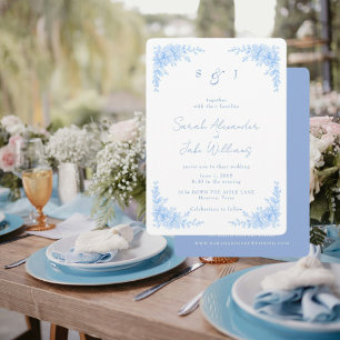 Elegante Blauwe Bloemige Afgeronde Trouwwebsite Kaart