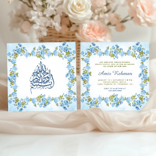 Elegante Blauwe Bloemige Aqiqah voor Baby Jongen Kaart