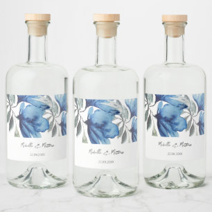 Elegante Blauwe Bloemige Aquarel Persoonlijk Gemaa Likeurfles Etiket