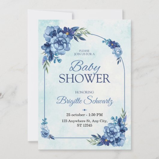 Elegante blauwe bloemige babyshower uitnodiging (Voorkant)