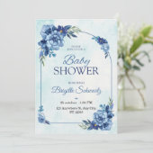 Elegante blauwe bloemige babyshower uitnodiging (Staand voorkant)