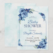 Elegante blauwe bloemige babyshower uitnodiging (Voorkant / Achterkant)
