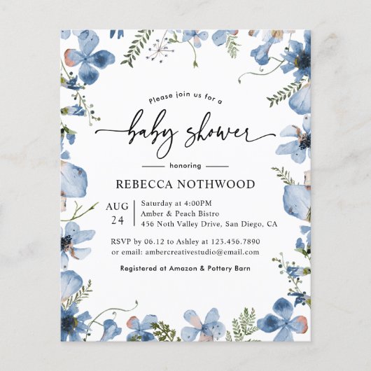 Elegante blauwe bloemige babyshower uitnodiging me (Voorkant)