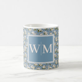 Elegante Blauwe Bloemige Bloesem Monogram Koffiemok