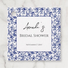 Elegante blauwe bloemige bruidsdouche in toile-sti bedankjes labels