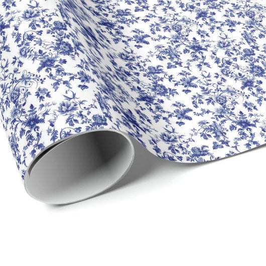 Elegante blauwe bloemige bruidsdouche in toile-sti cadeaupapier (Rol Hoek)