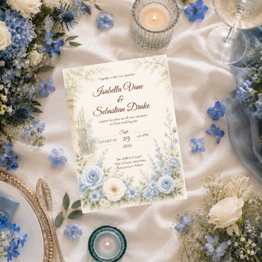 Elegante Blauwe Bloemige Bruiloft Kaart