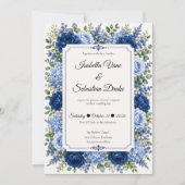 Elegante Blauwe Bloemige Bruiloft Kaart (Voorkant)