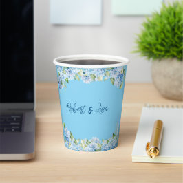 Elegante Blauwe Bloemige Bruiloft Papieren Bekers