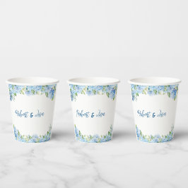 Elegante Blauwe Bloemige Bruiloft Papieren Bekers