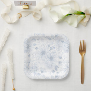 Elegante Blauwe Bloemige Bruiloft Papieren Bord