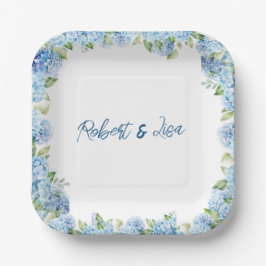 Elegante blauwe bloemige bruiloft papieren bordje