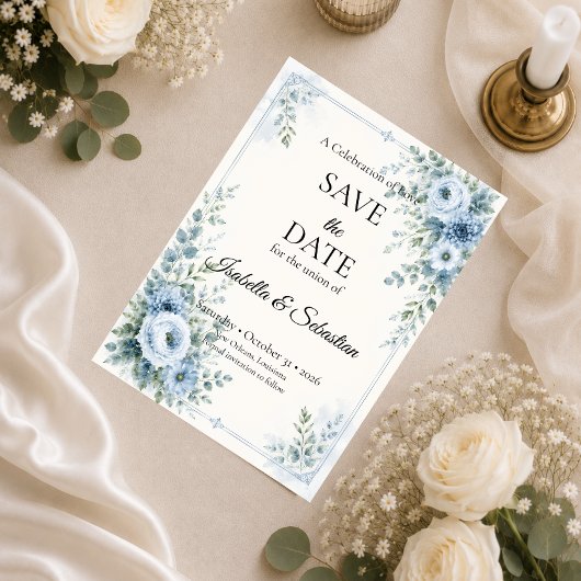 Elegante Blauwe Bloemige Bruiloft Save The Date