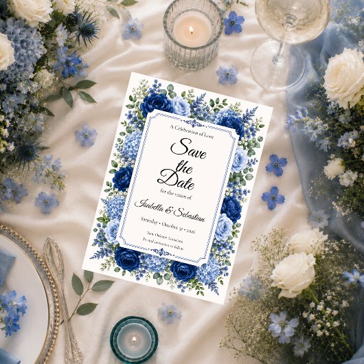 Elegante Blauwe Bloemige Bruiloft Save The Date
