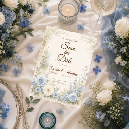 Elegante Blauwe Bloemige Bruiloft Save The Date