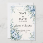 Elegante Blauwe Bloemige Bruiloft Save The Date (Voorkant)